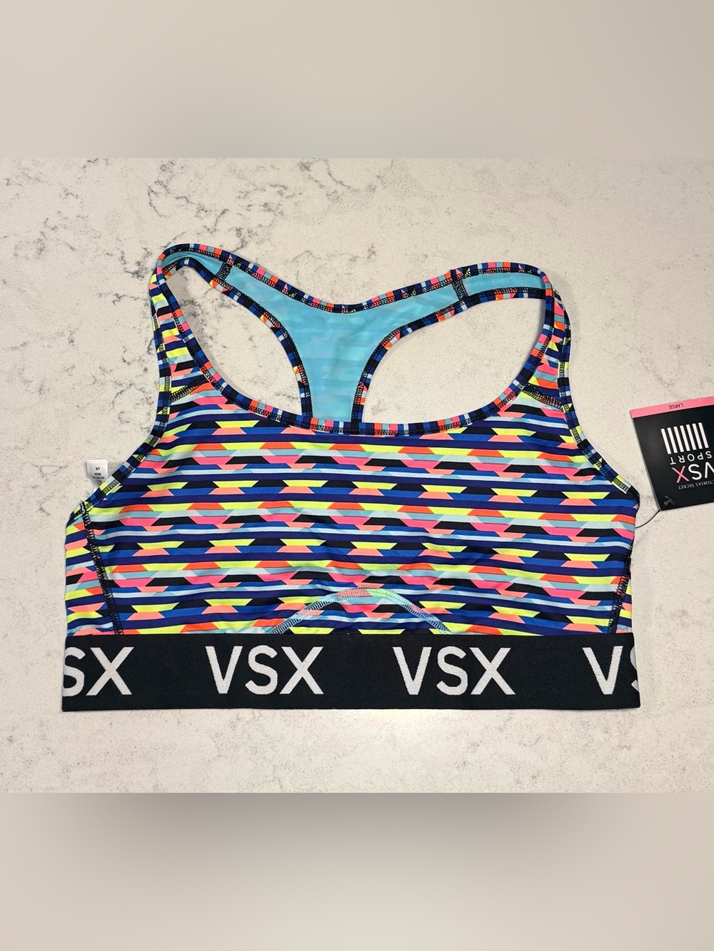 NWT-Victoria's Secret Multicolor Neon Striped Racerback Sports Bra Sz L